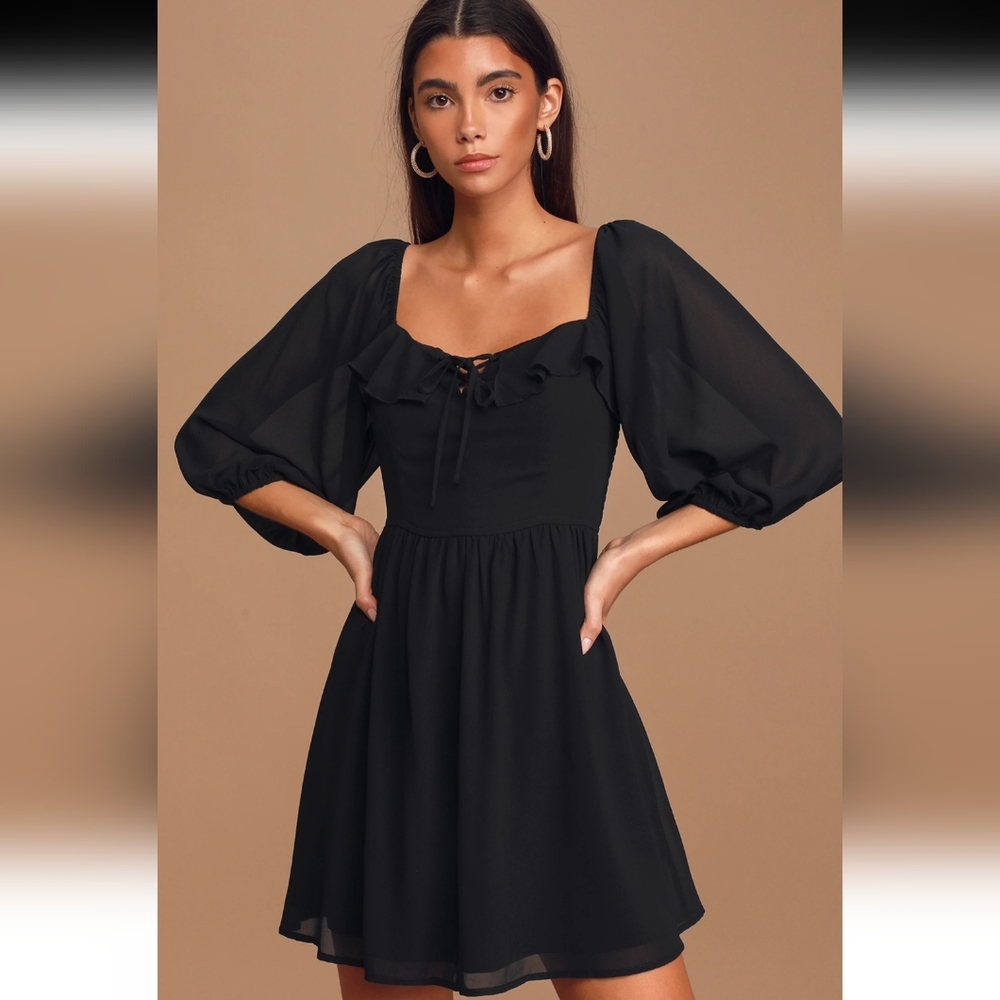 Lulu's Black Smocked Three-Quarter Sleeve Mini Dress Size XS